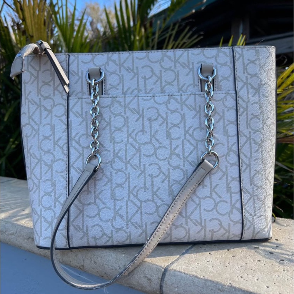 Calvin Klein Gray and Cream Monogram Chain-Strap Tote